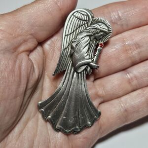 JJ Pewter Tone Guardian Angel Brooch Pin Jonette Jewelry Signed